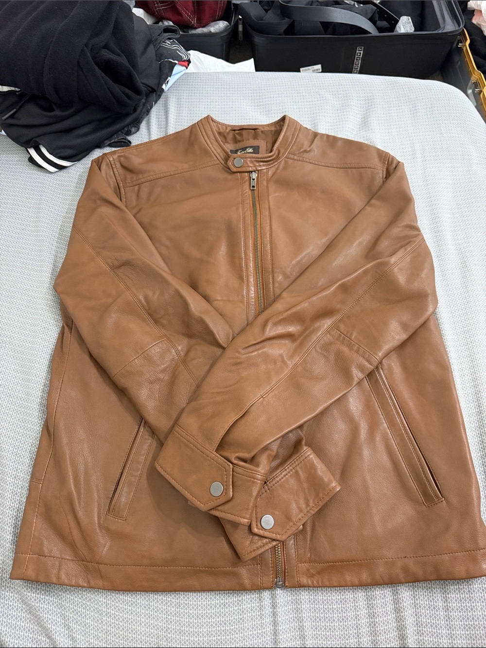 Men's Tan Leather Bomber Jacket - Classic Zip Front